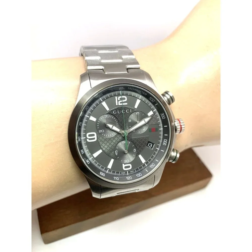 Gucci Mens Watch YA126238 G-Timeless Swiss Quartz Chronograph Gray Silver 46mm